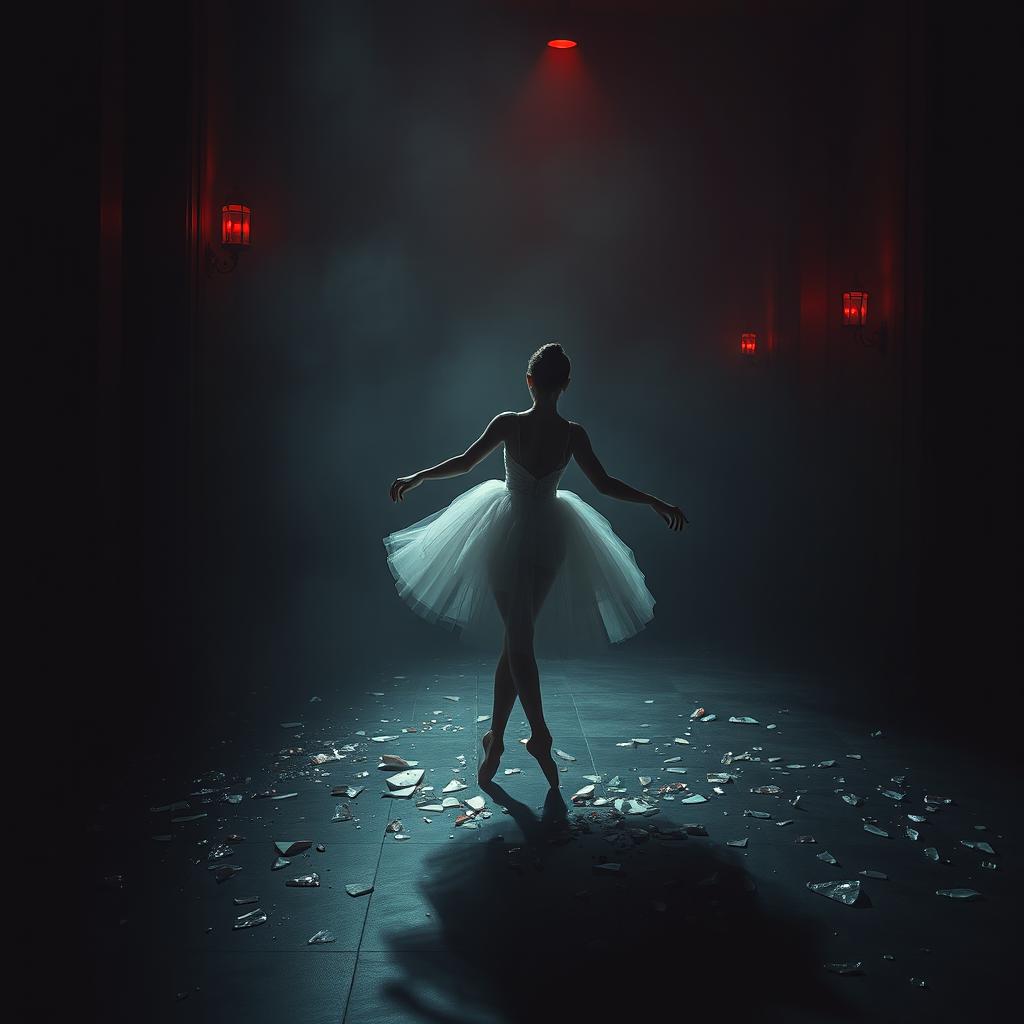 In the crimson light of a setting day, a lost ballerina named Lilith stands at a cruel auction, embodying shattered dreams scattered like glass shards across the floor