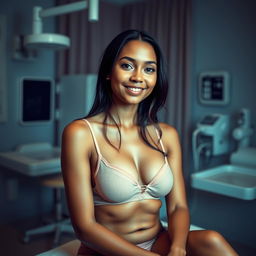 A girl in a clinical examination room, depicted with soft lighting and a serene atmosphere