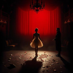 In a dimly lit auction hall bathed in the crimson light of a fading day, a lost ballerina named Lilith stands on the auction block, her shattered dreams scattered around her like shards of broken glass