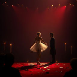 In a dimly lit auction hall bathed in the crimson light of a fading day, a lost ballerina named Lilith stands on the auction block, her shattered dreams scattered around her like shards of broken glass
