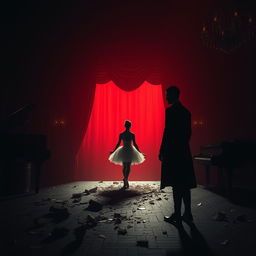 In a dimly lit auction hall bathed in the crimson light of a fading day, a lost ballerina named Lilith stands on the auction block, her shattered dreams scattered around her like shards of broken glass