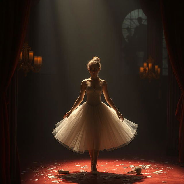 In the crimson light of a fading day, a scene unfolds in a shadowy auction hall where a beautiful ballerina named Lilith is displayed, embodying sorrow and lost dreams, her shattered aspirations reflected like broken glass scattered across the floor