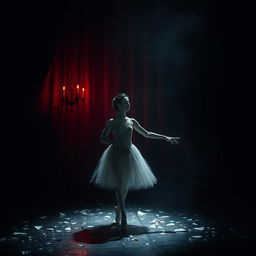 In the crimson light of a fading day, a scene unfolds in a shadowy auction hall where a beautiful ballerina named Lilith is displayed, embodying sorrow and lost dreams, her shattered aspirations reflected like broken glass scattered across the floor