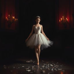 In the crimson light of a fading day, a scene unfolds in a shadowy auction hall where a beautiful ballerina named Lilith is displayed, embodying sorrow and lost dreams, her shattered aspirations reflected like broken glass scattered across the floor
