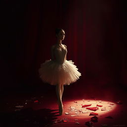 In the crimson light of a fading day, a scene unfolds in a shadowy auction hall where a beautiful ballerina named Lilith is displayed, embodying sorrow and lost dreams, her shattered aspirations reflected like broken glass scattered across the floor