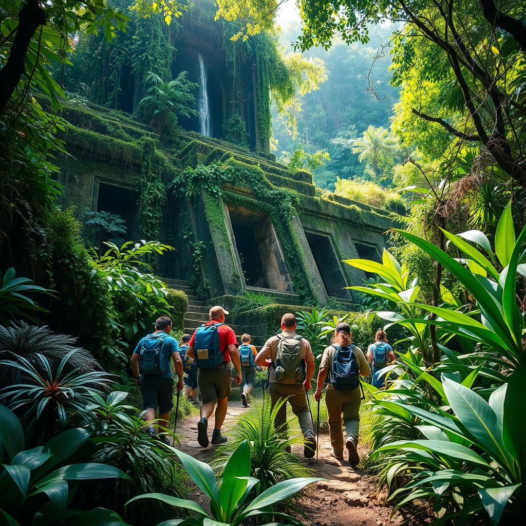 An exciting adventure scene set in a dense jungle, featuring a diverse group of explorers navigating through vibrant green foliage and exotic plants