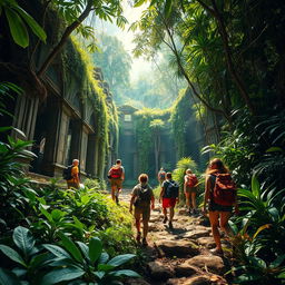 An exciting adventure scene set in a dense jungle, featuring a diverse group of explorers navigating through vibrant green foliage and exotic plants