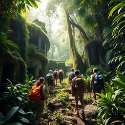 An exciting adventure scene set in a dense jungle, featuring a diverse group of explorers navigating through vibrant green foliage and exotic plants