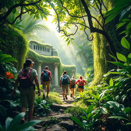 An exciting adventure scene set in a dense jungle, featuring a diverse group of explorers navigating through vibrant green foliage and exotic plants