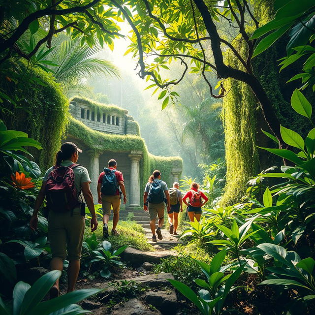 An exciting adventure scene set in a dense jungle, featuring a diverse group of explorers navigating through vibrant green foliage and exotic plants