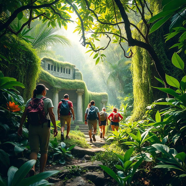 An exciting adventure scene set in a dense jungle, featuring a diverse group of explorers navigating through vibrant green foliage and exotic plants