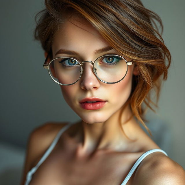 A sensual portrait of a sexy young woman with light chestnut hair styled elegantly