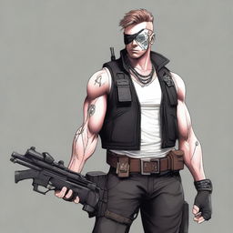 The image is a detailed digital art depiction of a white male with a robotic eye, concealed by an eye patch