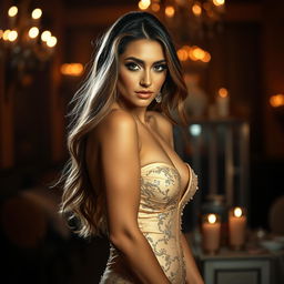 A captivating and alluring scene featuring a glamorous woman in a stunning, form-fitting evening gown