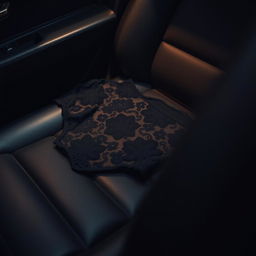 A close-up shot of black lace panties neatly placed on a luxurious black leather car seat