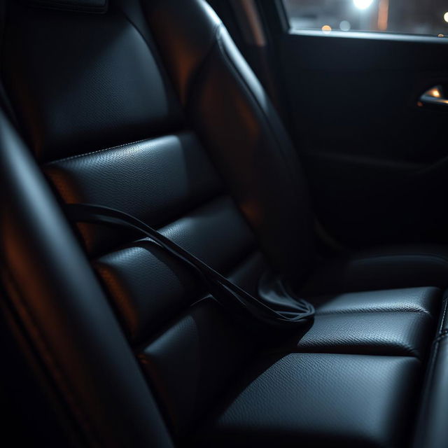 A close-up shot of a black thong elegantly draped over a luxurious black leather car seat