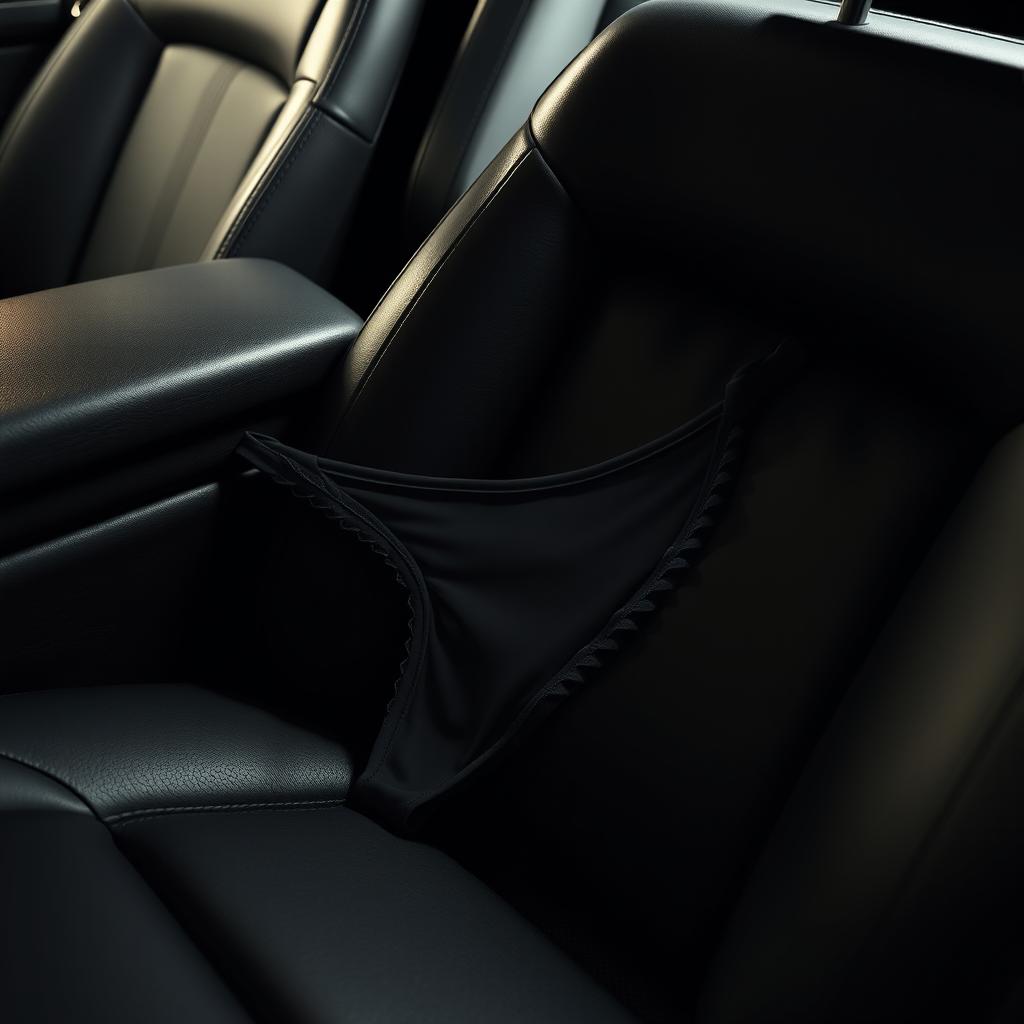 A close-up shot of a black thong elegantly draped over a luxurious black leather car seat