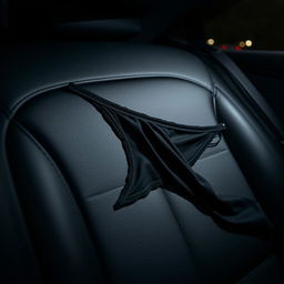 A close-up shot of a black thong artistically draped over the black leather seat of a luxurious car