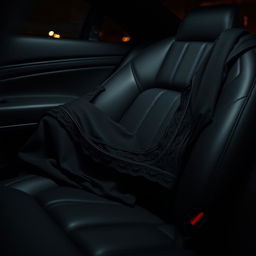 A close-up shot of a black thong artistically draped over the black leather seat of a luxurious car