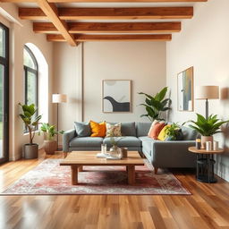 An elegant interior design of a modern living room, featuring a cozy grey sofa adorned with colorful throw pillows, a stylish coffee table made of natural wood, and lush indoor plants for a touch of greenery