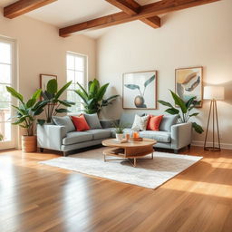 An elegant interior design of a modern living room, featuring a cozy grey sofa adorned with colorful throw pillows, a stylish coffee table made of natural wood, and lush indoor plants for a touch of greenery