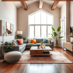 An elegant interior design of a modern living room, featuring a cozy grey sofa adorned with colorful throw pillows, a stylish coffee table made of natural wood, and lush indoor plants for a touch of greenery