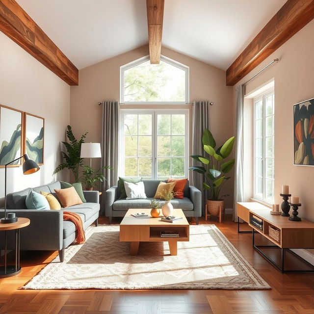 An elegant interior design of a modern living room, featuring a cozy grey sofa adorned with colorful throw pillows, a stylish coffee table made of natural wood, and lush indoor plants for a touch of greenery