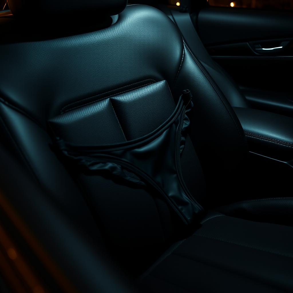 A tight close-up shot of a black thong casually draped over the black leather seat of a luxurious car