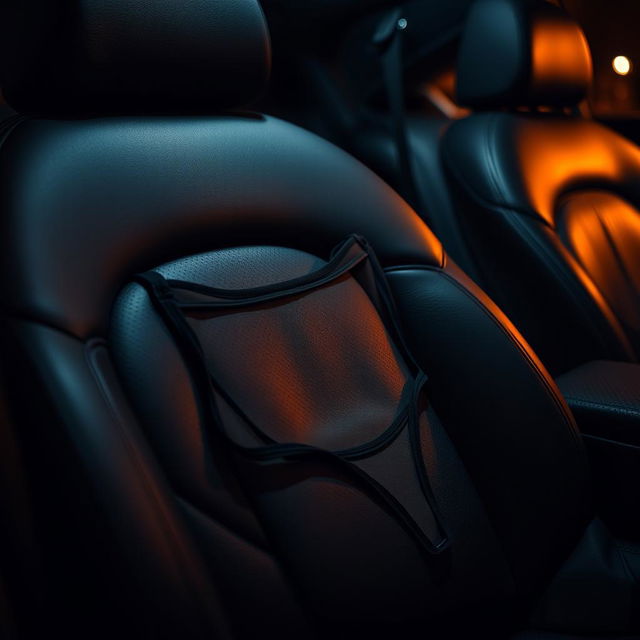 A tight close-up shot of a black thong casually draped over the black leather seat of a luxurious car