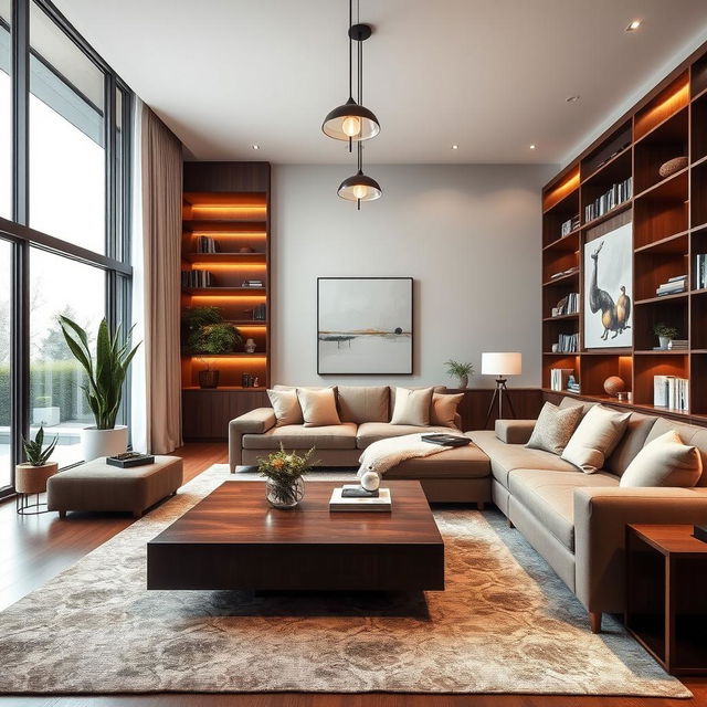 A sophisticated interior design of a modern living room featuring wenge-colored furniture