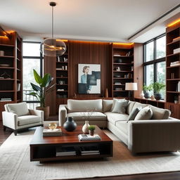 A sophisticated interior design of a modern living room featuring wenge-colored furniture