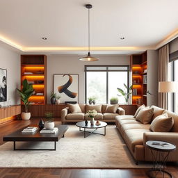 A sophisticated interior design of a modern living room featuring wenge-colored furniture