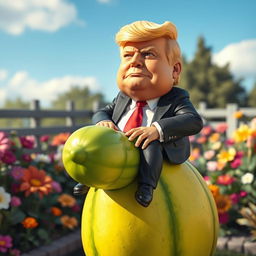 A whimsical scene featuring a cartoonish version of Donald Trump, depicted with exaggerated features and a humorous, chubby physique, riding a giant cucumber
