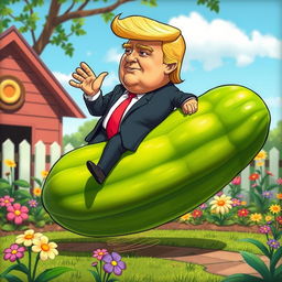 A whimsical scene featuring a cartoonish version of Donald Trump, depicted with exaggerated features and a humorous, chubby physique, riding a giant cucumber