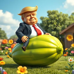 A whimsical scene featuring a cartoonish version of Donald Trump, depicted with exaggerated features and a humorous, chubby physique, riding a giant cucumber