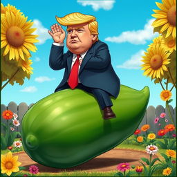 A whimsical scene featuring a cartoonish version of Donald Trump, depicted with exaggerated features and a humorous, chubby physique, riding a giant cucumber