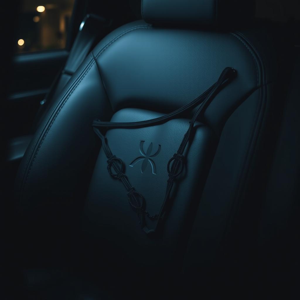 A tight close-up shot of a black thong delicately draped over the luxurious black leather seat of a high-end car
