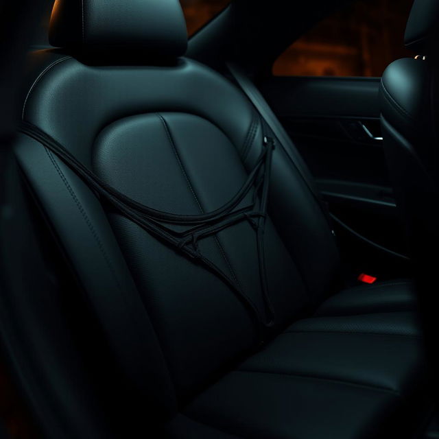 A tight close-up shot of a black thong delicately draped over the luxurious black leather seat of a high-end car