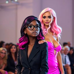 A short, dark-skinned girl dressed in a sleek black business suit with stylish black glasses