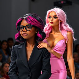 A short, dark-skinned girl dressed in a sleek black business suit with stylish black glasses