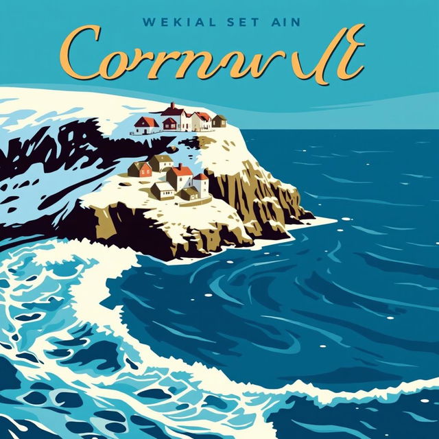 A vintage promotional poster style book cover for a romance novel set in Cornwall, featuring a picturesque scene of the sea with rolling waves and charming houses perched on a snowy cliff