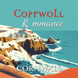 A vintage promotional poster style book cover for a romance novel set in Cornwall, featuring a picturesque scene of the sea with rolling waves and charming houses perched on a snowy cliff