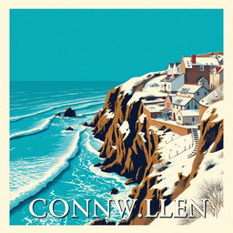 A vintage promotional poster style book cover for a romance novel set in Cornwall, featuring a picturesque scene of the sea with rolling waves and charming houses perched on a snowy cliff