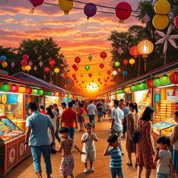 A colorful and vibrant outdoor festival scene filled with lights and decorations, showcasing various stalls with food and crafts