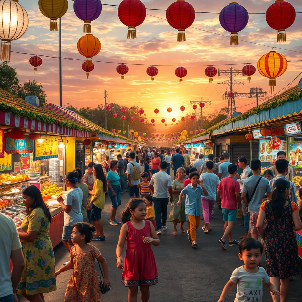 A colorful and vibrant outdoor festival scene filled with lights and decorations, showcasing various stalls with food and crafts