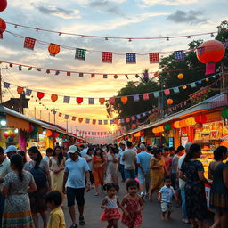 A colorful and vibrant outdoor festival scene filled with lights and decorations, showcasing various stalls with food and crafts