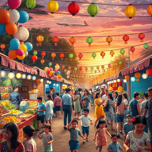 A colorful and vibrant outdoor festival scene filled with lights and decorations, showcasing various stalls with food and crafts