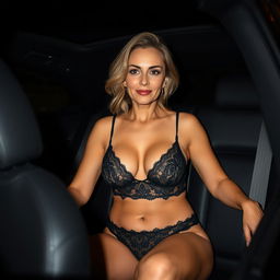 A European woman, approximately 45 years old and slightly curvy, sitting gracefully in the back seat of a luxurious car