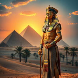 A majestic and powerful Pharaoh standing confidently against the backdrop of an ancient Egyptian landscape
