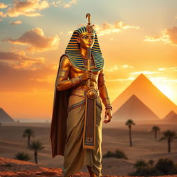 A majestic and powerful Pharaoh standing confidently against the backdrop of an ancient Egyptian landscape
